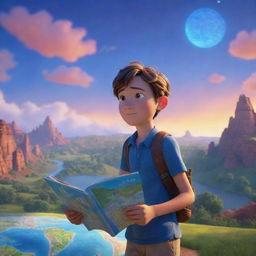 A 9-10 year old boy clutching a map navigates through an enchanting landscape under a sky illuminated with stunning hues of blue, rendered in whimsical and magical 3D Pixar-style animation.