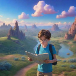 A 9-10 year old boy clutching a map navigates through an enchanting landscape under a sky illuminated with stunning hues of blue, rendered in whimsical and magical 3D Pixar-style animation.