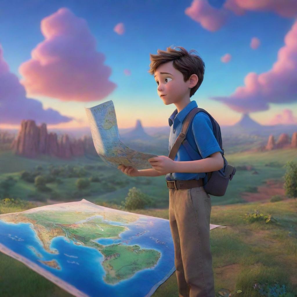 A 9-10 year old boy clutching a map navigates through an enchanting landscape under a sky illuminated with stunning hues of blue, rendered in whimsical and magical 3D Pixar-style animation.