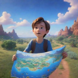 A 9-10 year old boy clutching a map navigates through an enchanting landscape under a sky illuminated with stunning hues of blue, rendered in whimsical and magical 3D Pixar-style animation.