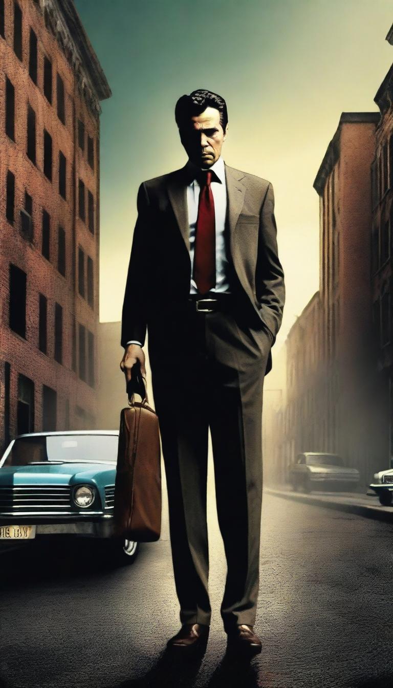 Create a crime book cover incorporating 'Goodfellas' elements and a focus on guns, featuring a man in a suit holding a gun, a briefcase, and a classic car in a gritty, urban setting with a dark and moody color scheme