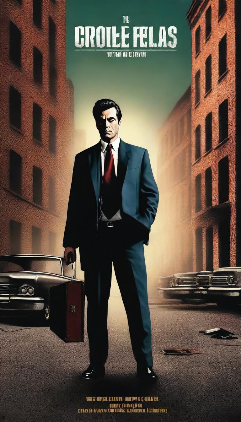 Create a crime book cover incorporating 'Goodfellas' elements and a focus on guns, featuring a man in a suit holding a gun, a briefcase, and a classic car in a gritty, urban setting with a dark and moody color scheme