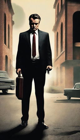 Create a crime book cover incorporating 'Goodfellas' elements and a focus on guns, featuring a man in a suit holding a gun, a briefcase, and a classic car in a gritty, urban setting with a dark and moody color scheme