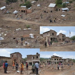 Generate a collage showcasing community training initiatives, reinforced buildings, and tech gadget investments aimed at reducing calamity-related casualties