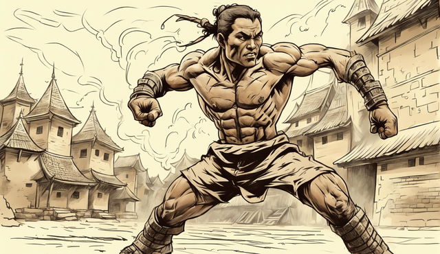 A concept art sketch of a Muay Thai fighter throwing a kick in a medieval setting, combining traditional Muay Thai attire with medieval elements, set against a backdrop of ancient stone buildings and cobblestone streets