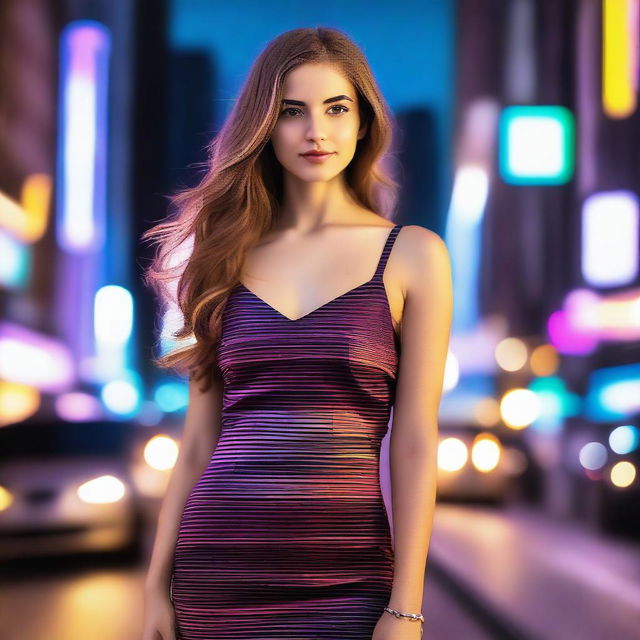 A young girl wearing a fashionable and stylish hot dress, standing confidently in a modern urban setting