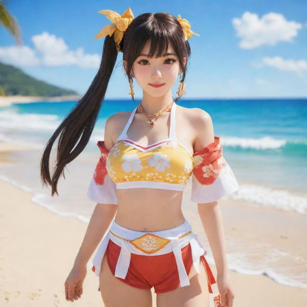 Yae Miko, a character from Genshin Impact, wearing fashionable beach clothes, against a backdrop of a sunny beach