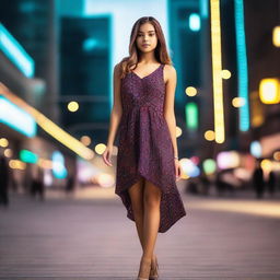 A young girl wearing a fashionable and stylish hot dress, standing confidently in a modern urban setting