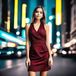 A young girl wearing a fashionable and stylish hot dress, standing confidently in a modern urban setting