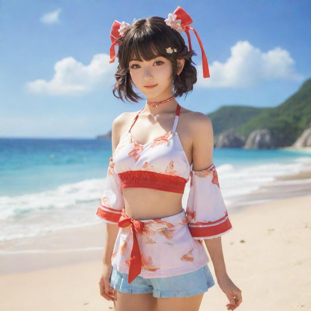 Yae Miko, a character from Genshin Impact, wearing fashionable beach clothes, against a backdrop of a sunny beach