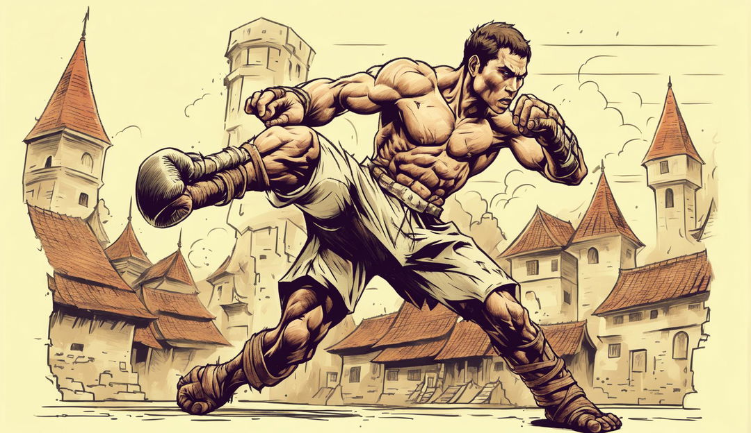 A concept art sketch of a Muay Thai fighter throwing a kick in a medieval setting, combining traditional Muay Thai attire with medieval elements