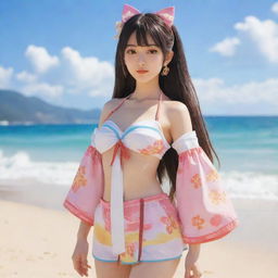 Yae Miko, a character from Genshin Impact, wearing fashionable beach clothes, against a backdrop of a sunny beach