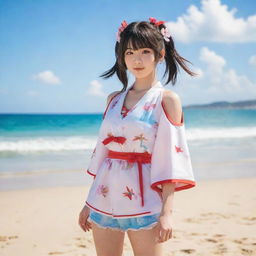 Yae Miko, a character from Genshin Impact, wearing fashionable beach clothes, against a backdrop of a sunny beach