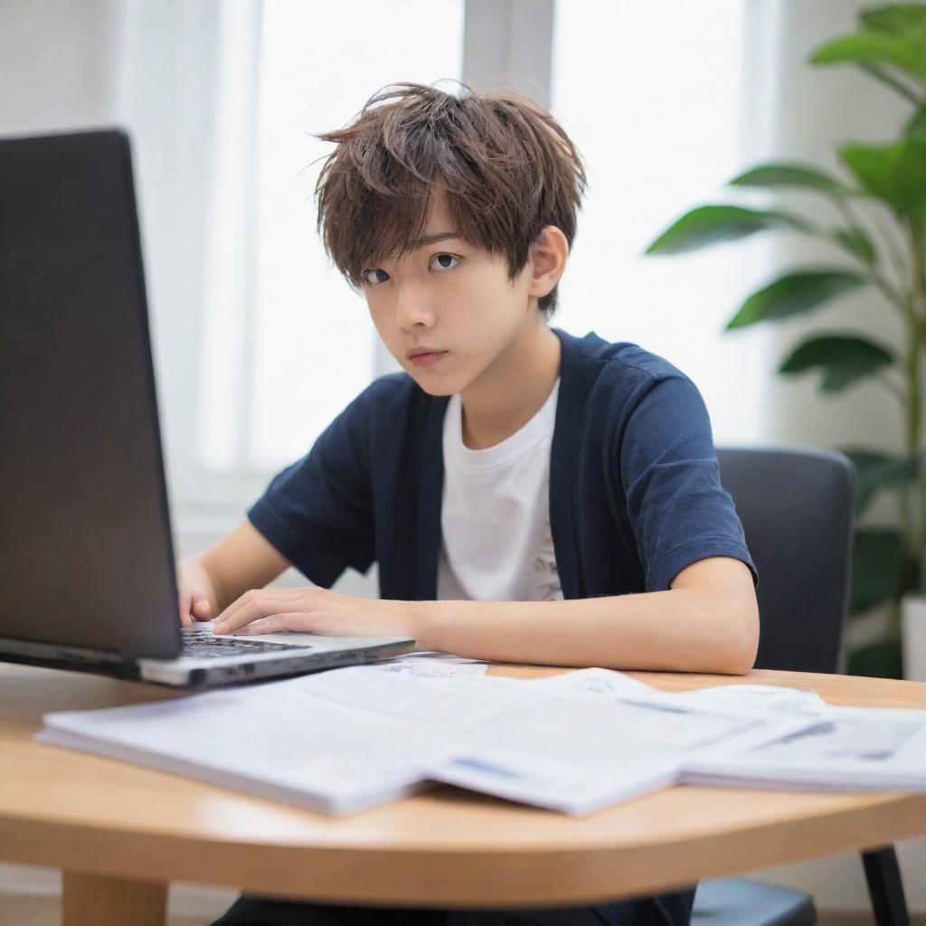 Anime style boy engrossed in an interesting book, with a laptop open beside him on a modern study table.