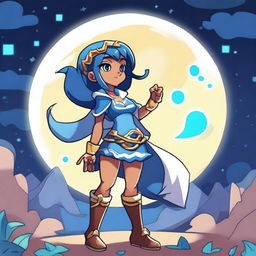 Create an anime-style image featuring Thea from Brawlhalla standing under a blue moon