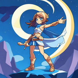 Create an anime-style image featuring Thea from Brawlhalla standing under a blue moon