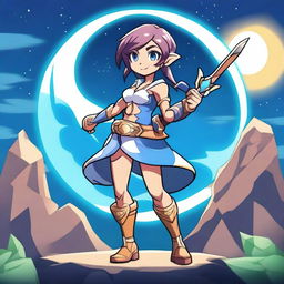 Create an anime-style image featuring Thea from Brawlhalla standing under a blue moon