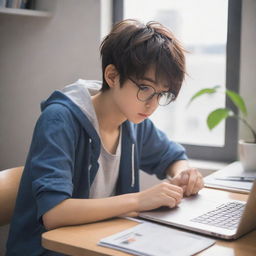 Anime style boy engrossed in an interesting book, with a laptop open beside him on a modern study table.