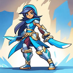 Create an image of Thea from Brawlhalla, but with her armor colored in a striking blue