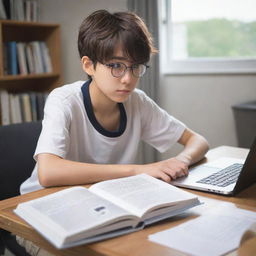 Anime style boy engrossed in an interesting book, with a laptop open beside him on a modern study table.