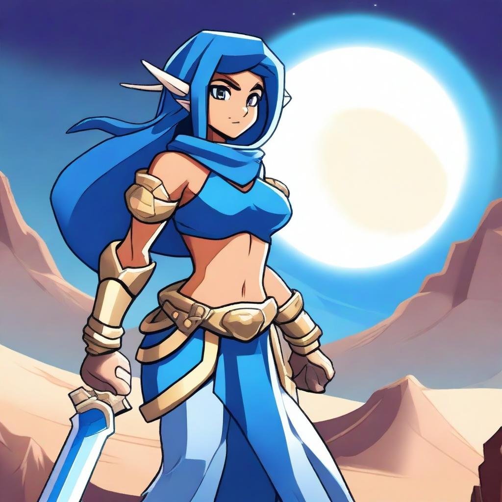 Create an image of Thea from Brawlhalla wearing blue armor, standing underneath a moon in the desert