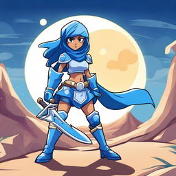 Create an image of Thea from Brawlhalla wearing blue armor, standing underneath a moon in the desert