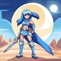 Create an image of Thea from Brawlhalla wearing blue armor, standing underneath a moon in the desert