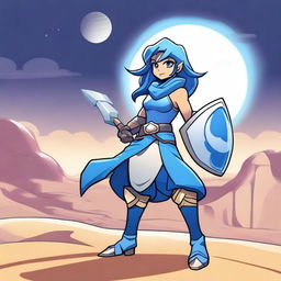 Create an image of Thea from Brawlhalla wearing blue armor, standing underneath a moon in the desert