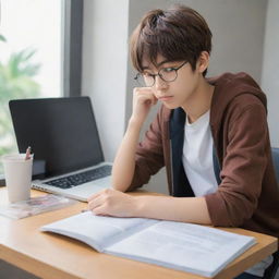 Anime style boy engrossed in an interesting book, with a laptop open beside him on a modern study table.