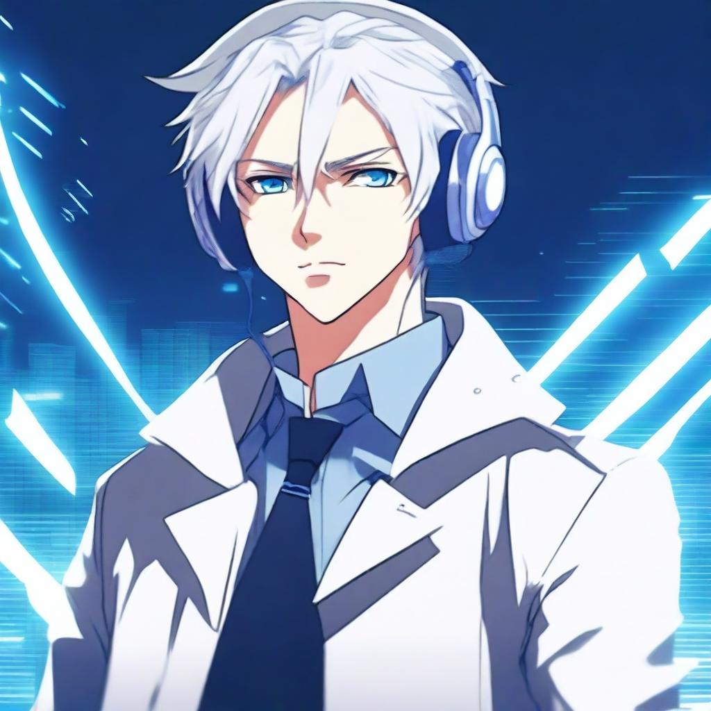 Create an anime-style image of a male character with white hair and blue eyes