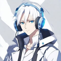 Create an anime-style image of a male character with white hair and blue eyes