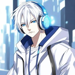 Create an anime-style image of a male character with white hair and blue eyes