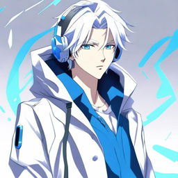 Create an anime-style image of a male character with white hair and blue eyes