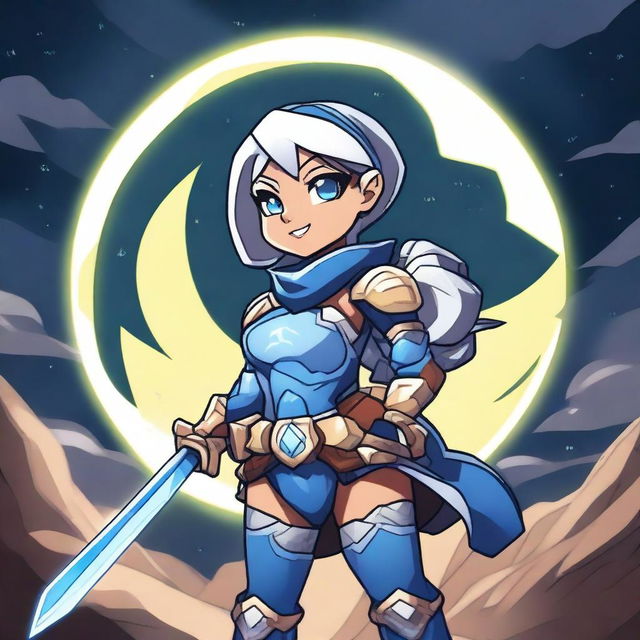 Create an image of Thea from Brawlhalla in manga style, showcasing her flash powers underneath the moon