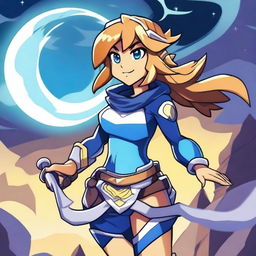 Create an image of Thea from Brawlhalla in manga style, showcasing her flash powers underneath the moon