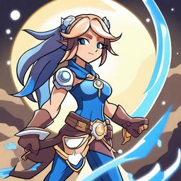 Create an image of Thea from Brawlhalla in manga style, showcasing her flash powers underneath the moon