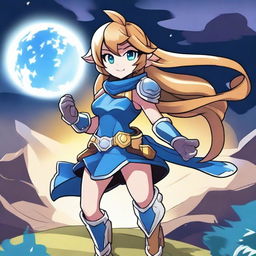 Create an image of Thea from Brawlhalla in manga style, showcasing her flash powers underneath the moon