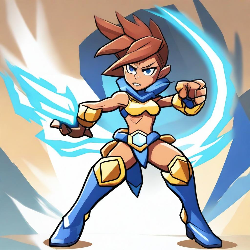 Create an image featuring Thea from Brawlhalla in a dynamic and energetic pose, similar to the style of The Flash