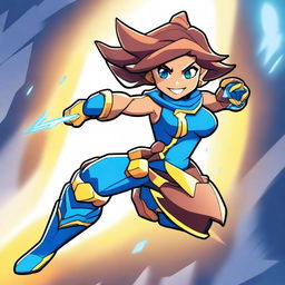 Create an image featuring Thea from Brawlhalla in a dynamic and energetic pose, similar to the style of The Flash