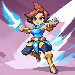 Create an image featuring Thea from Brawlhalla in a dynamic and energetic pose, similar to the style of The Flash