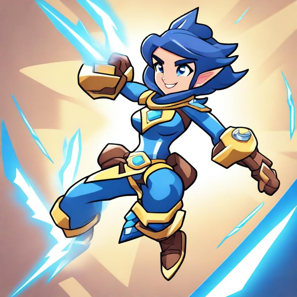 Create an image featuring Thea from Brawlhalla in a dynamic and energetic pose, similar to the style of The Flash