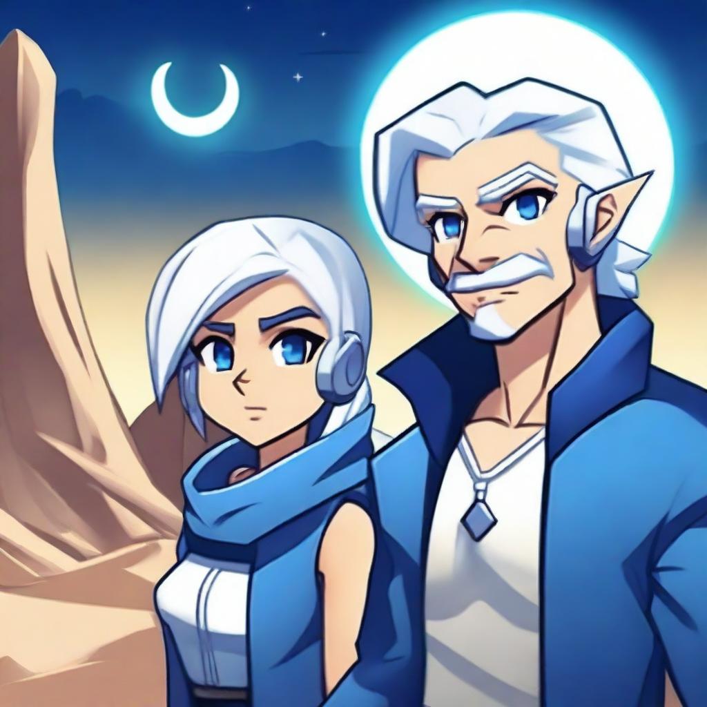 Create an image featuring Thea from Brawlhalla and a guy with white hair, blue eyes, and wearing a long blue coat, holding hands in a desert under the moonlight