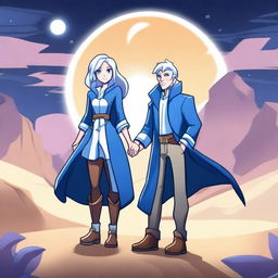 Create an image featuring Thea from Brawlhalla and a guy with white hair, blue eyes, and wearing a long blue coat, holding hands in a desert under the moonlight