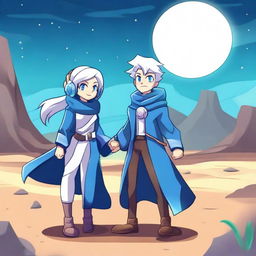 Create an image featuring Thea from Brawlhalla and a guy with white hair, blue eyes, and wearing a long blue coat, holding hands in a desert under the moonlight