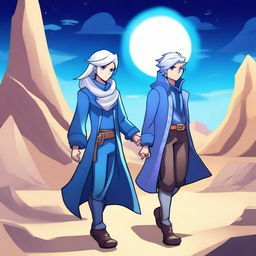 Create an image featuring Thea from Brawlhalla and a guy with white hair, blue eyes, and wearing a long blue coat, holding hands in a desert under the moonlight