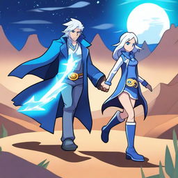 Create an image featuring Thea from Brawlhalla and a guy with white hair, blue eyes, and wearing a long blue coat, holding hands in a desert under the moonlight