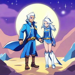 Create an image featuring Thea from Brawlhalla and a guy with white hair, blue eyes, and wearing a long blue coat, holding hands in a desert under the moonlight