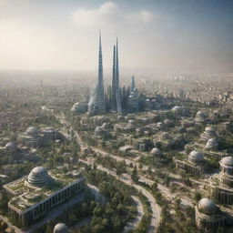 High-definition image of Syria's futuristic skyline, vegetation, and architecture in the year 2107.