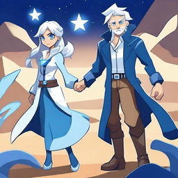 Create an image featuring Thea from Brawlhalla and a guy with white hair, blue eyes, and wearing a long blue coat, holding hands in a desert under the moonlight