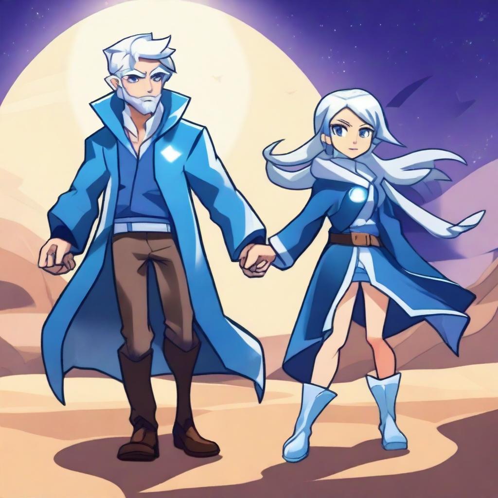 Create an image featuring Thea from Brawlhalla and a guy with white hair, blue eyes, and wearing a long blue coat, holding hands in a desert under the moonlight